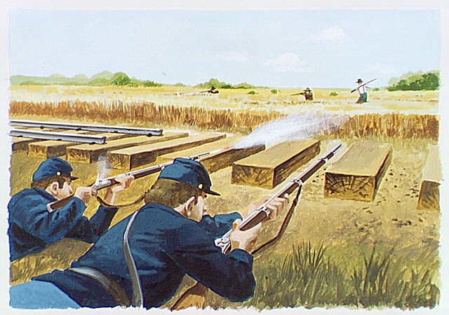 Troops skirmishing across railroad tracks with armed settlers in field.