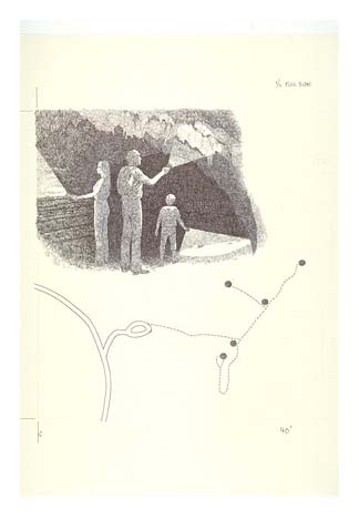 Family exploring a cave; each person carries a flashlight. Illustration includes a map of the caves trails.