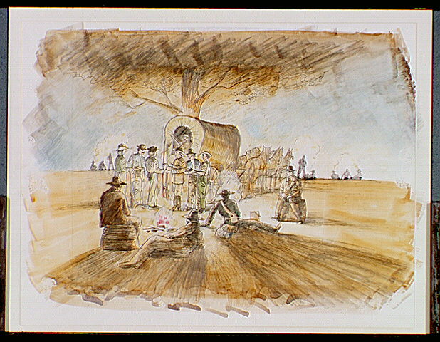 Confederates under the command of Brigadier General Benjamin McCulloch gather around ordnance wagon for arms and ammunition distribution while others are shown around campfire.