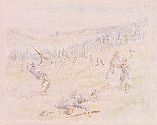 United States troops under Colonel John Gibbon's command retreat to higher ground.