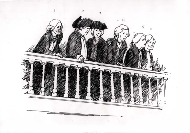 Six unidentified statesmen standing looking down from a balcony.
