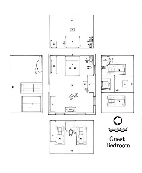 Interpretive Period: 1860. Illustration depicts the plan of the guest bedroom.