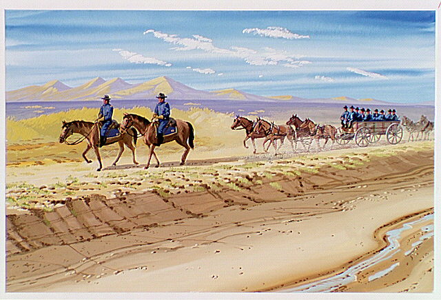 United States soldiers in a wagon and on horseback pursuing the Nez Perce.