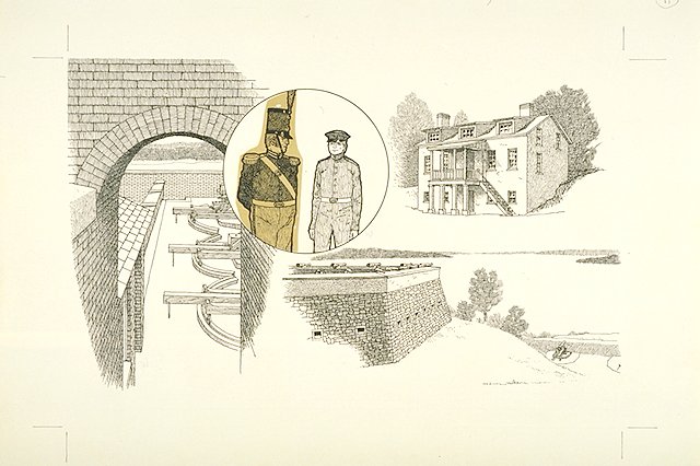 Series of vignettes: (inset) Ordnance Sergeant (Sgt. McGrath) instructing new recruit (Pvt. Clark) on their tour of Fort Washington; (left) scene of a fully armed rampart of the northeast demi-bastion as in 1848;