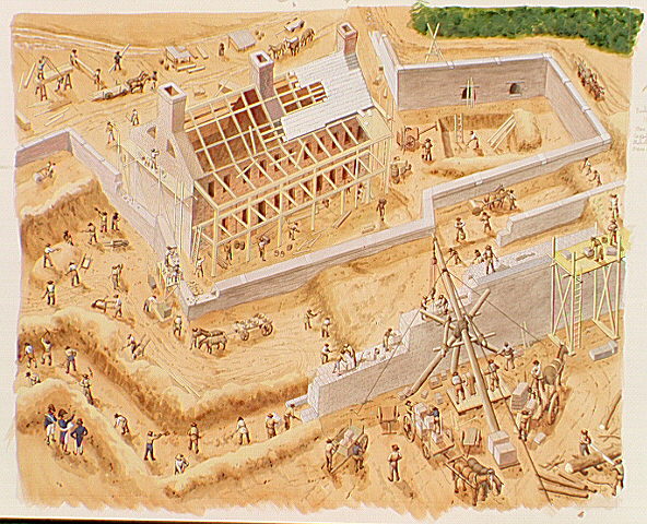 Aerial view showing Fort Washington being built.