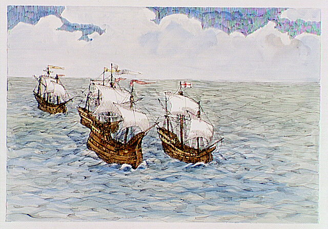 Ships under the command of Sir Richard Grenville crossing the Atlantic Ocean on return to Roanoke.