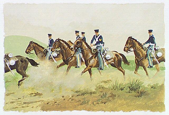 Mounted Dragoons riding across prairie.