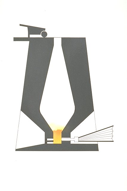 Cross-section of a blast furnace showing how fire is used to dry out furnace.