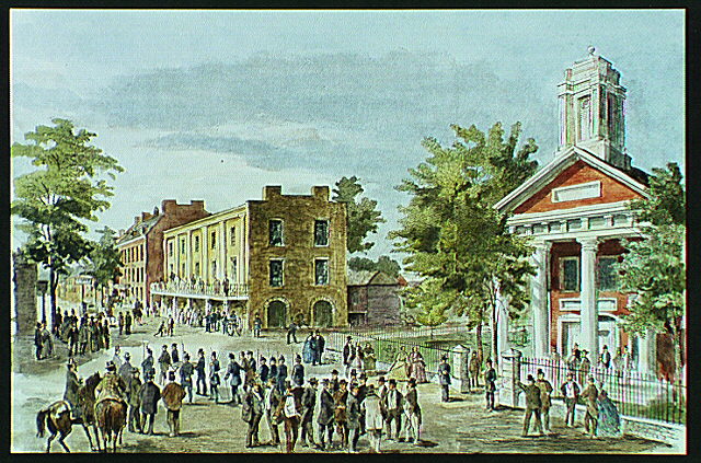 Scene of Charles Town, Virginia, c. 1850s, showing the Jefferson County Courthouse.