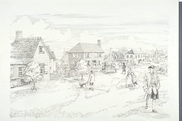 Conceptual illustration depicts a typical scene on Frederica's Broad Street in the summer of 1742, before the Spanish attack on the town.