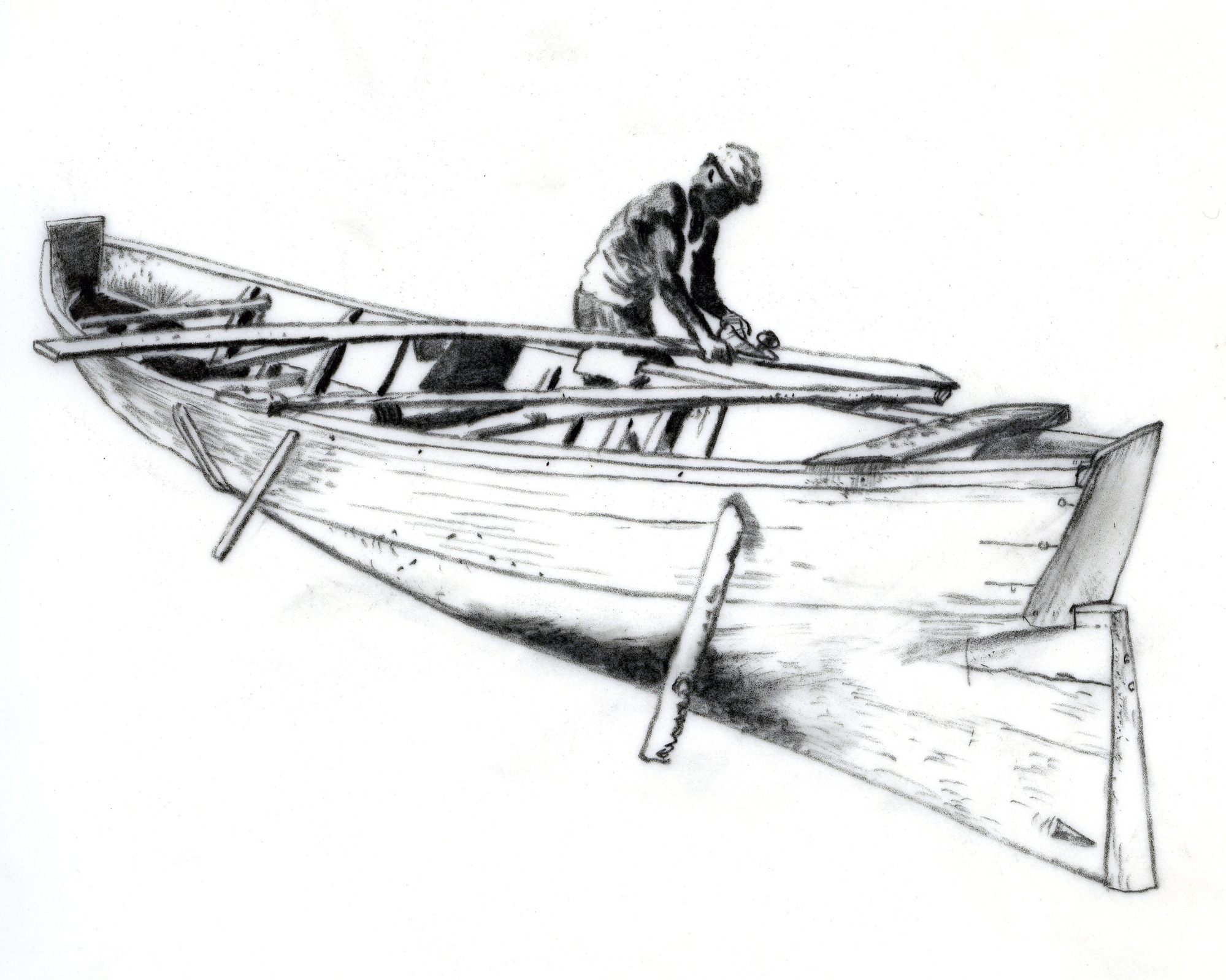 Construction of a fishing pirogue: a builder uses a plane to smooth a board not yet affixed to the boat