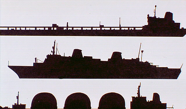 Silhouette of Passenger Liner (center). Partially shown is silhouette of a Tanker (top).
