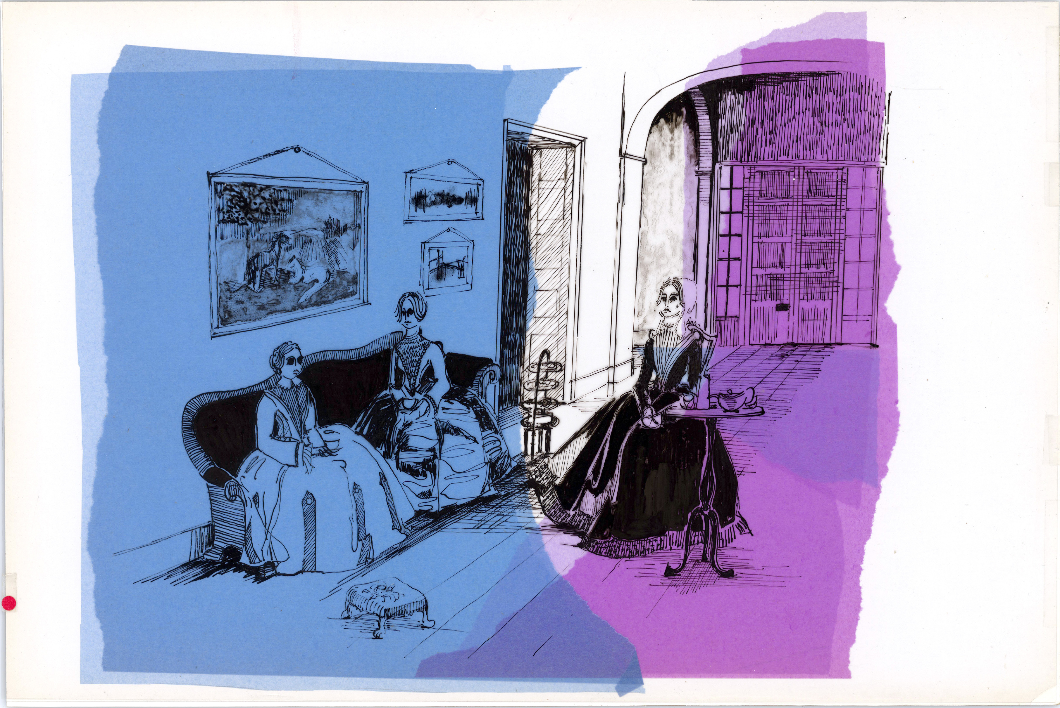 Mary Anna Randolph Custis-Lee and two other ladies having afternoon tea in the front hall of the Arlington House (Custis-Lee Mansion).