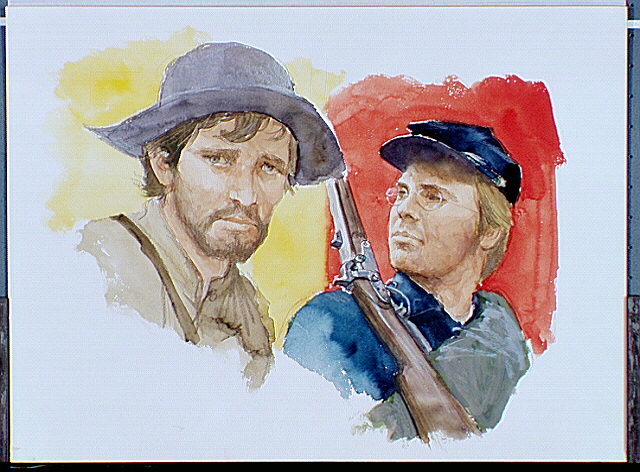 Split panel showing portrait of a Confederate soldier and a Union soldier.