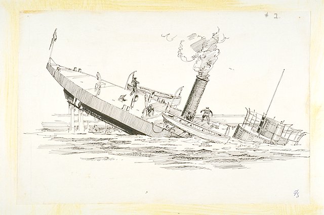 Sinking of the Union ironclad "USS Patapsco" on the night of January 15, 1865 in Charleston harbor, victim of a Confederate mine. Sixty-two men lost their lives; five of them are buried at Fort Moultrie.