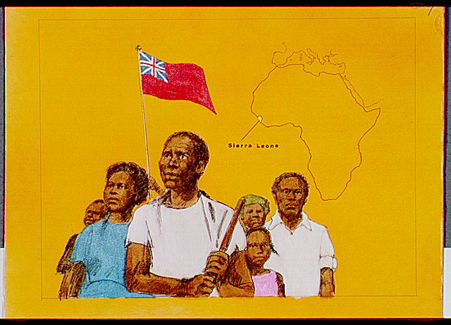 Africans in foreground with a Red Ensign flag. An outline is shown of Africa highlighting Sierra Leone.