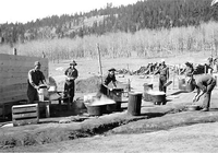 hpc-000079.jpg. Kitchen police on duty at CCC (Civilian Conservation Corps) Camp in Little Horseshoe Park, Rocky Mountain National Park.