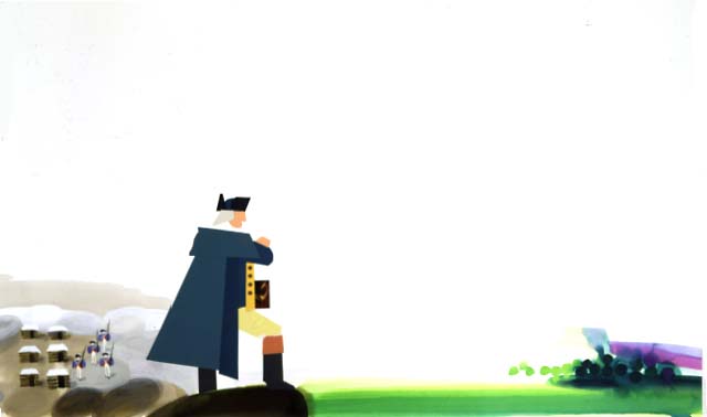 Colonial Commander, possibly representing General George Washington, in center made of cut paper with watercolor of log huts and Continental soldiers on left and distant idealized landscape on far right.