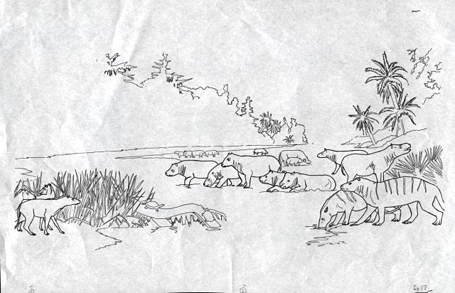 Outlines for identification of prehistoric animals: Phenacodus, Coryphodon, Huracotherium as seen in full color painting of Eocene landscape at Big Bend National Park, Graphic #17-5.