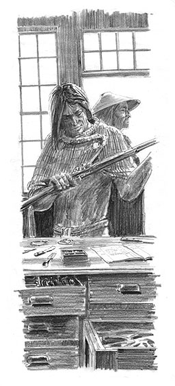 A Native American examining a gun for trade.