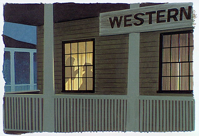 Men silhouetted by lamplight at window.