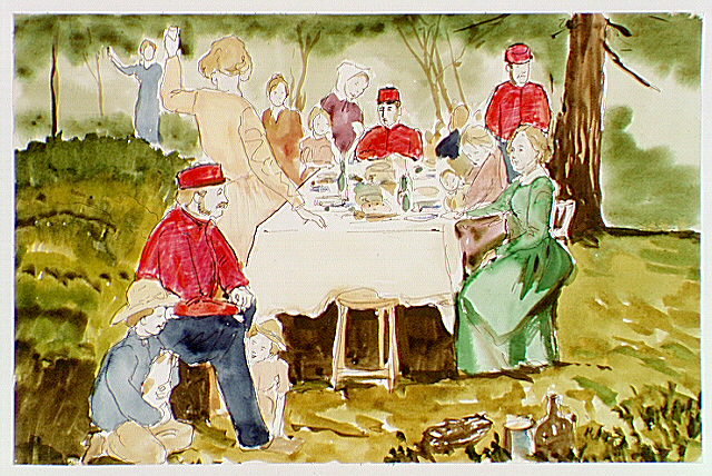 British soldiers and guests gathered at large banquet table outside. On national holidays both garrisons contributed to social life by celebrating with dinners for each other's camps and for guests.