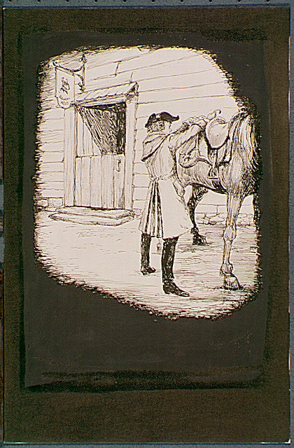 Circuit riding Justice saddling his horse outside of an inn.