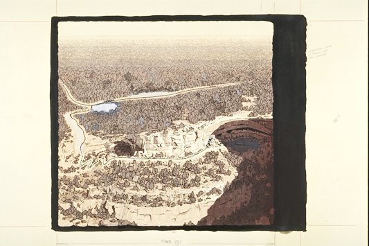 Aerial view depicts the area around Long House and the trail leading to the site.