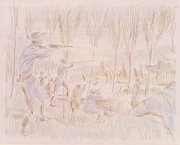 United States soldiers firing on Nez Perce camp along the North Fork Big Hole River during the Battle of The Big Hole.