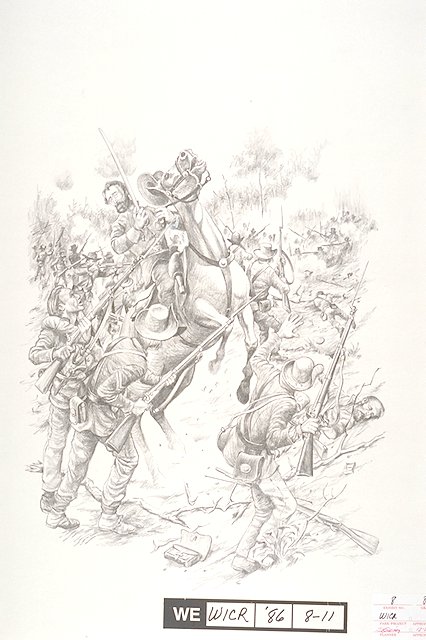 Scene depicts the mortal wounding of Union Brig. Gen. Nathaniel Lyon during the Battle of Wilson's Creek. The death of General Lyon made him the first Union general to die in battle during the Civil War.