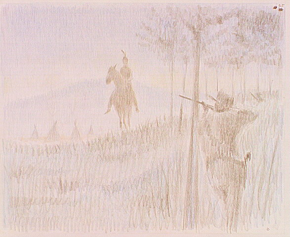 A United States soldier, behind a tree, shooting the Nez Perce warrior Natalekin, signaling the start of the Battle of The Big Hole.