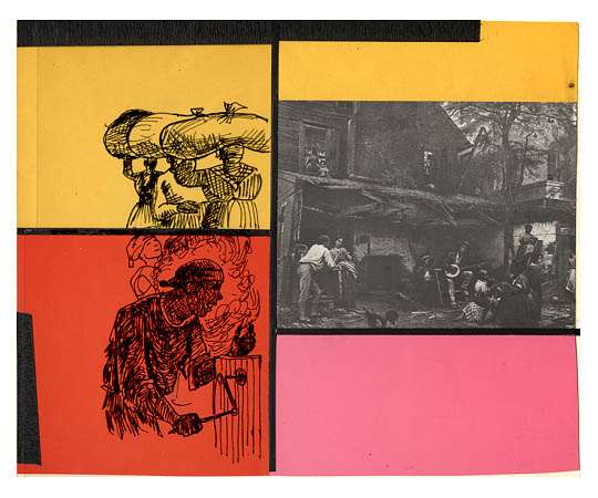 Multi-colored panels depicts three scenes of slave life.