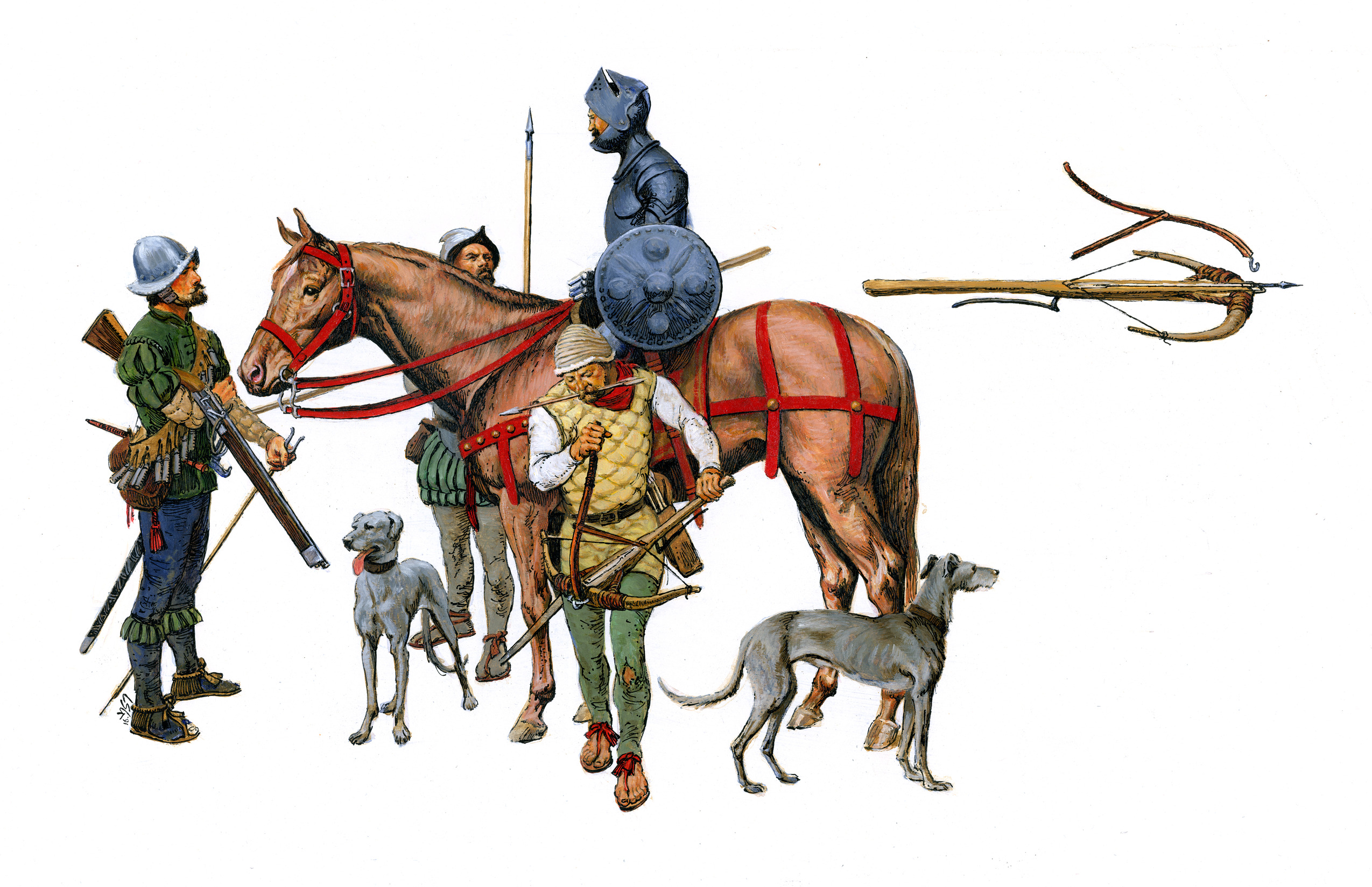 Los Conquistadors, c1540s. Depicted left to right are a Arquebusier, a pikeman, a mounted cavalryman in armor, a crossbowman, wardogs and crossbow detail.