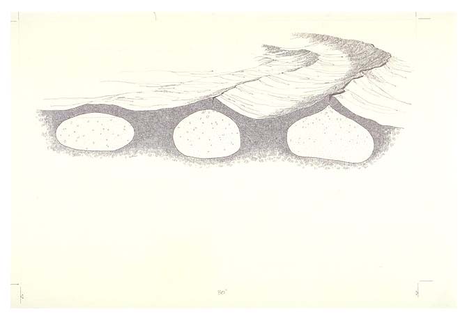Aerial cutaway view of a lava flow coming down to a section through the flow. "Pressure Ridges"