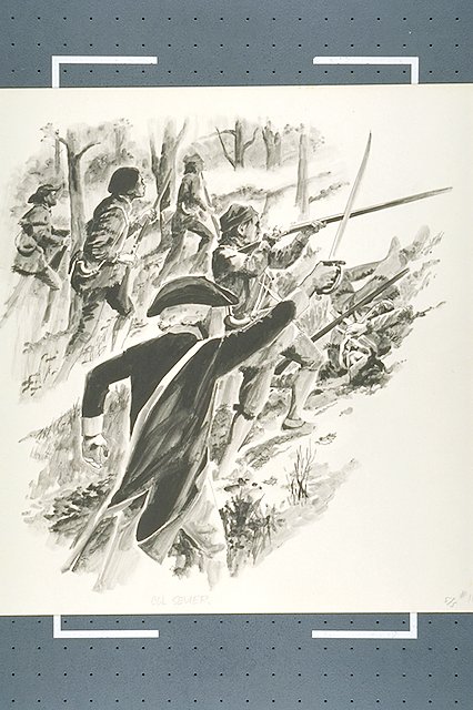Scene depicts Colonel John Sevier's men (frontiersmen) from the Overmountain regiment under fire while working their way up Kings Mountain.
