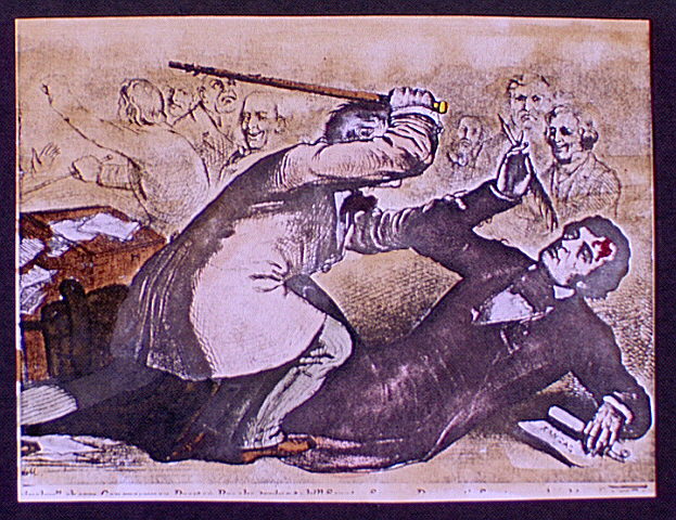 A Northern political cartoon depicts Preston Brooks, nephew of Andrew Butler of South Carolina, brutally caning Charles Sumner of Massachusetts on the U.S. Senate floor.