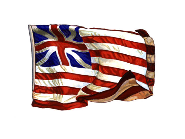 Flag: Grand Union flag waving with the extreme end and bottom right corner turned to expose the opposite side. Illustration is unpublished.