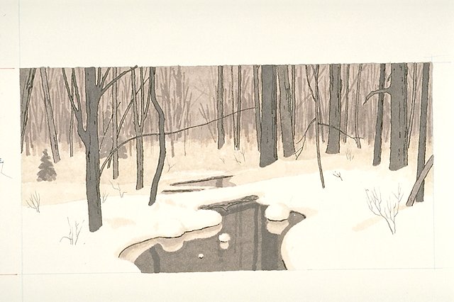 View along the Aqueduct Trail (now called Green Trail) showing woods and water during the winter.