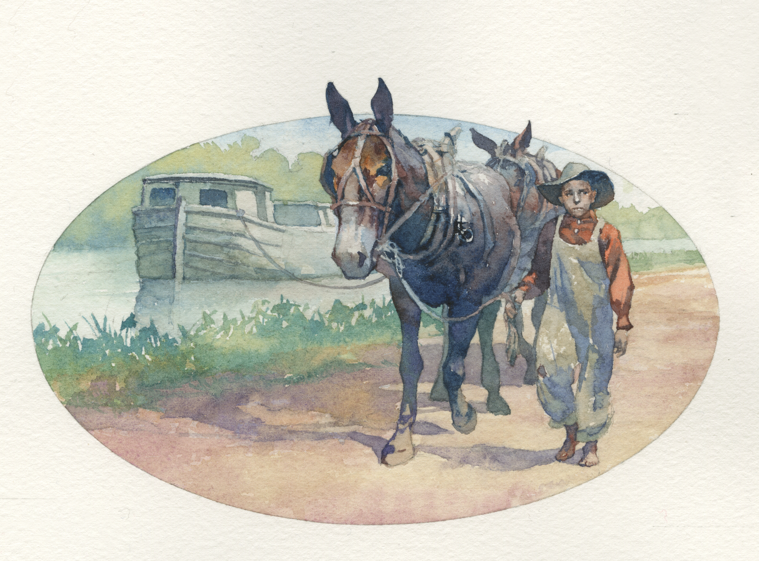 An African American boy is shown leading a mule along the Chesapeake and Ohio Canal towpath pulling along a canal boat.