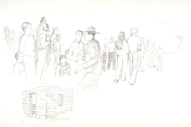 Park Ranger talking to tour group with a small stone structure also depicted.