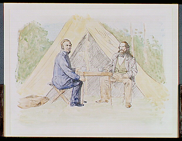 Confederate Major General Sterling Price (left), commander of the Missouri State Guard, and Brigadier General Benjamin McCulloch (right), commander of the Confederate forces at Wilson's Creek, sit in discussion outside of tent.