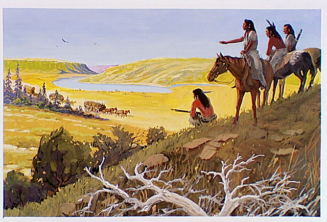 Nez Perce warriors, on hillside, watching settlers moving across border line, circa 1855.