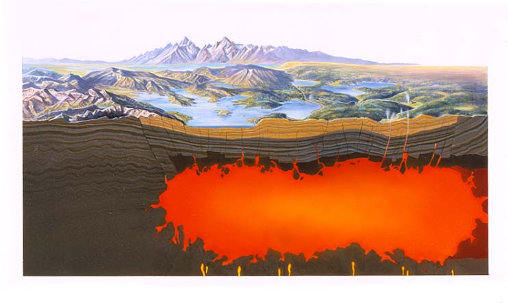 Geothermal diagram with overlay: illustration visually enhances the fact that Yellowstone National Park’s landscape produces 30 times more heat than normal for North America
