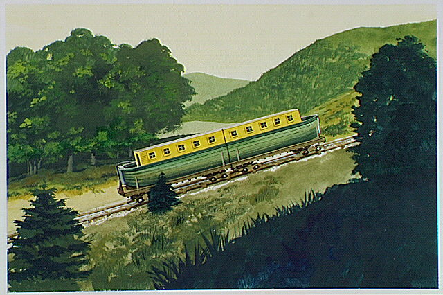 Rail-cars with split canal boat on incline plane.