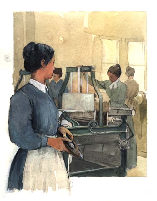 Mill girls, c1830s-1840s. In foreground one mill girl is shown holding a textile shuttle looking back at another girl operating a loom. Two other mill girls can be seen working in the background.