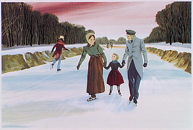 Family ice skating on the canal.