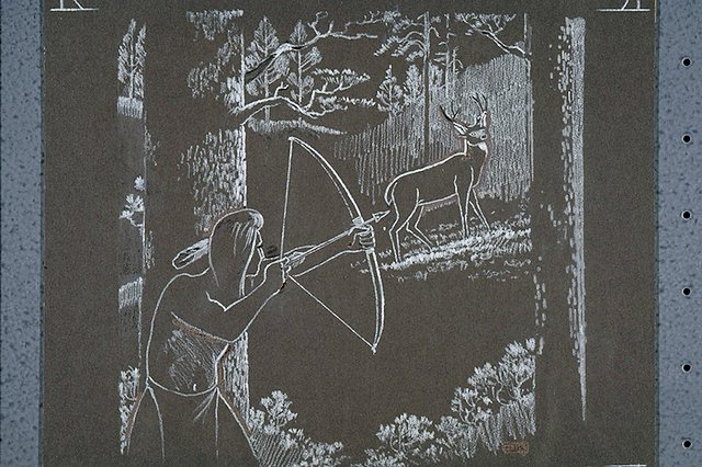 Indian hunting deer with a bow and arrow.