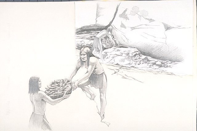 Scene depicts Native American Indians of the Fremont Culture stocking a granary located in a cliff face.