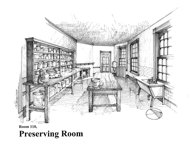 Interpretive Period: 1930. Illustration depicts the Preserving Room (Room 110).