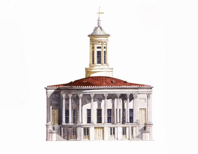 Exterior view of the Philadelphia Merchants' Exchange located at the Northeast corner of Third and Walnut Streets.